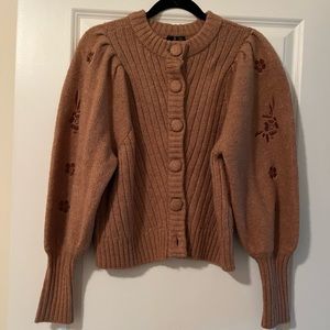 Y.A.S embroidered volume sleeve cardigan in camel/rose.